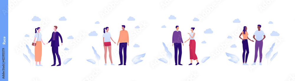Inclusion and diversity concept. Vector flat people multiracial character illustration. Happy male and female couples standing. Caucasian, hispanic, asian and african american ethnic. Inclusion and diversity concept. Vector flat people multiracial character illustration. Happy male and female couples standing. Caucasian, hispanic, asian and african american ethnic.