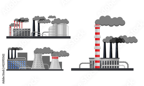 Industrial Plants and Factory Buildings with Pipelines Emitting Smoke Vector Set