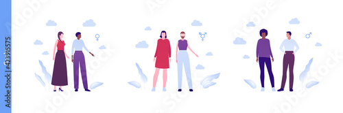 Inclusion and diversity concept. Vector flat people character illustration. Happy male, female and transgender lgbtq character in casual outfit standing with gender icon.