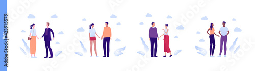 Inclusion and diversity concept. Vector flat people multiracial character illustration. Happy male and female couples standing. Caucasian, hispanic, asian and african american ethnic.