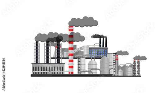 Industrial Plants and Factory Buildings with Pipelines Emitting Smoke Vector Set