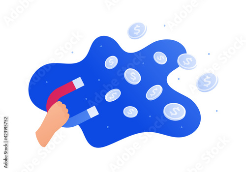 Business success, advertisment and smm concept. Vector flat illustration. Hand hold magnet to attract dollar coin money symbol. Design element.