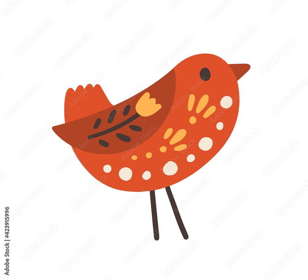 Swedish red wooden bird with floral ornament. Scandinavian wood figurine with pattern. Nordic souvenir. Colored flat vector illustration isolated on white background Swedish red wooden bird with floral ornament. Scandinavian wood figurine with pattern. Nordic souvenir. Colored flat vector illustration isolated on white background