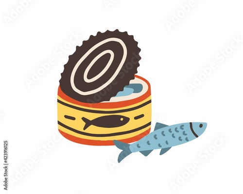 Swedish Surstromming in opened can. Smelly Baltic herring. Colored flat vector illustration of Sweden cuisine isolated on white background