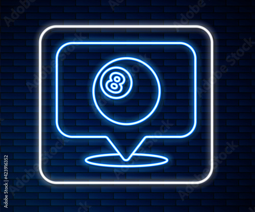 Glowing neon line Map pointer with billiard pool snooker ball with number 8 icon isolated on brick wall background. Vector