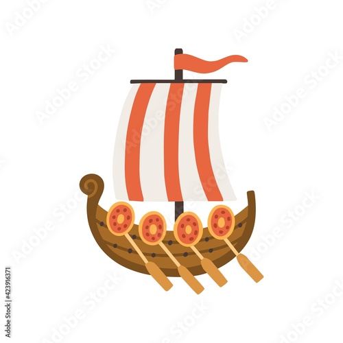 Old wooden ship with sail, flag and paddles. Ancient single-deck sea vessel. ...