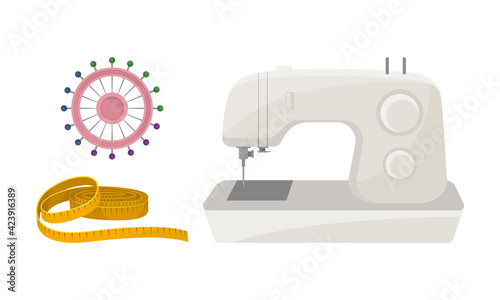 Sewing and Tailoring Accessories with Machine and Measuring Tape Vector Set