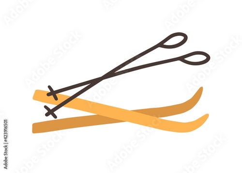 Pair of skis with sticks or poles isolated on white background. Winter sport equipment. Simple colored flat vector illustration
