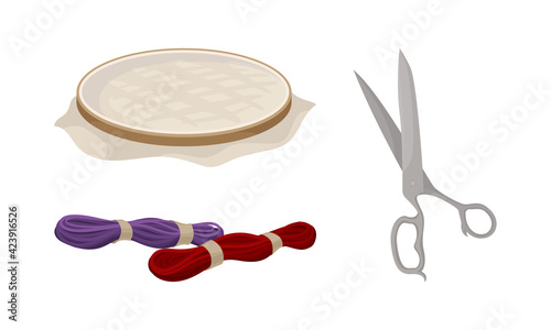 Sewing and Tailoring Accessories with Hoop, Yarn and Scissors Vector Set