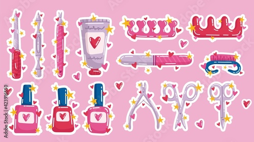 Set of manicure tools stickers. Pedicure equipment. Vector iilustration.