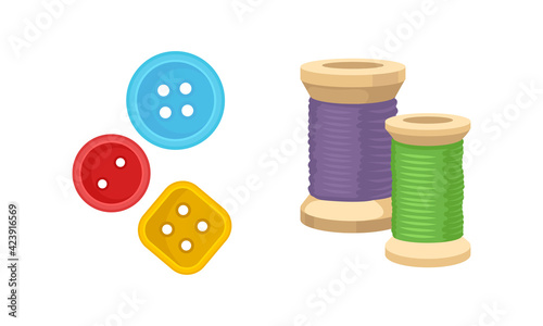 Sewing and Tailoring Accessories with Spool of Thread and Buttons Vector Set