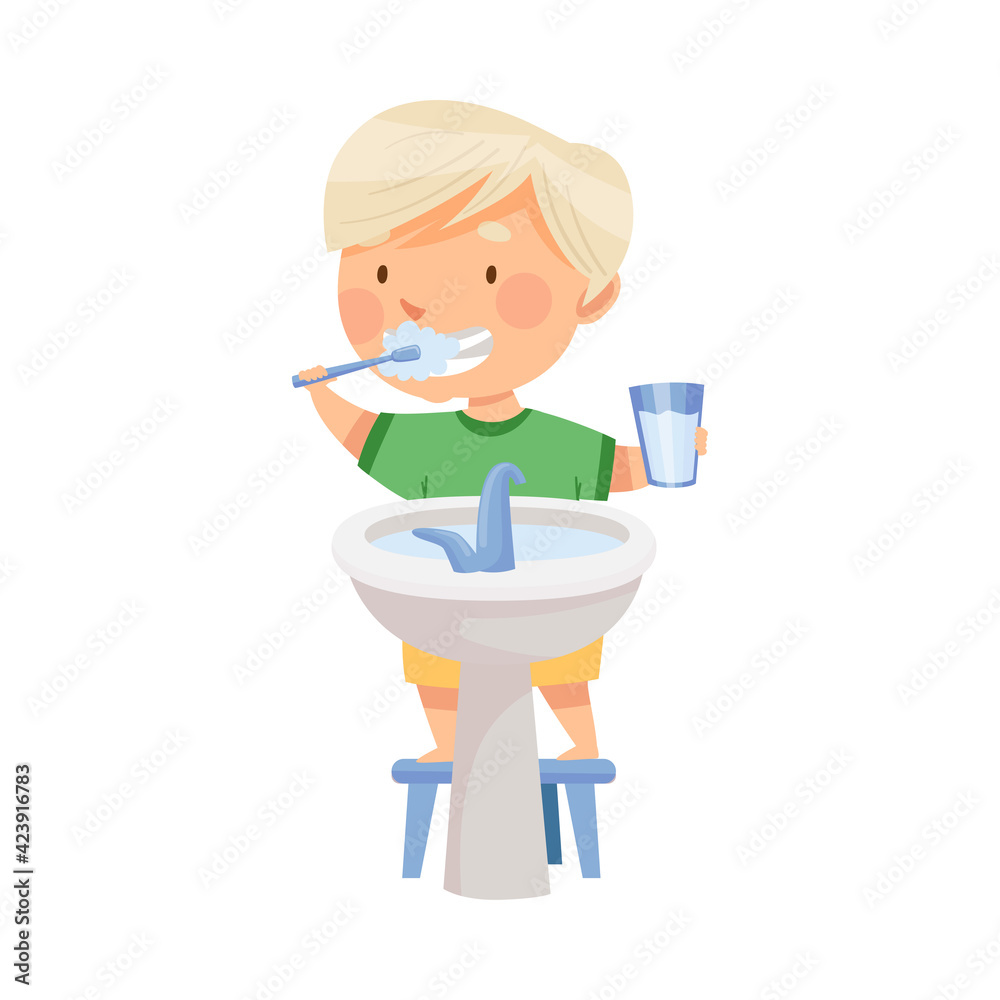 Cute Blond Boy Brushing His Teeth Standing on Stool Near Wash Stand Vector Illustration