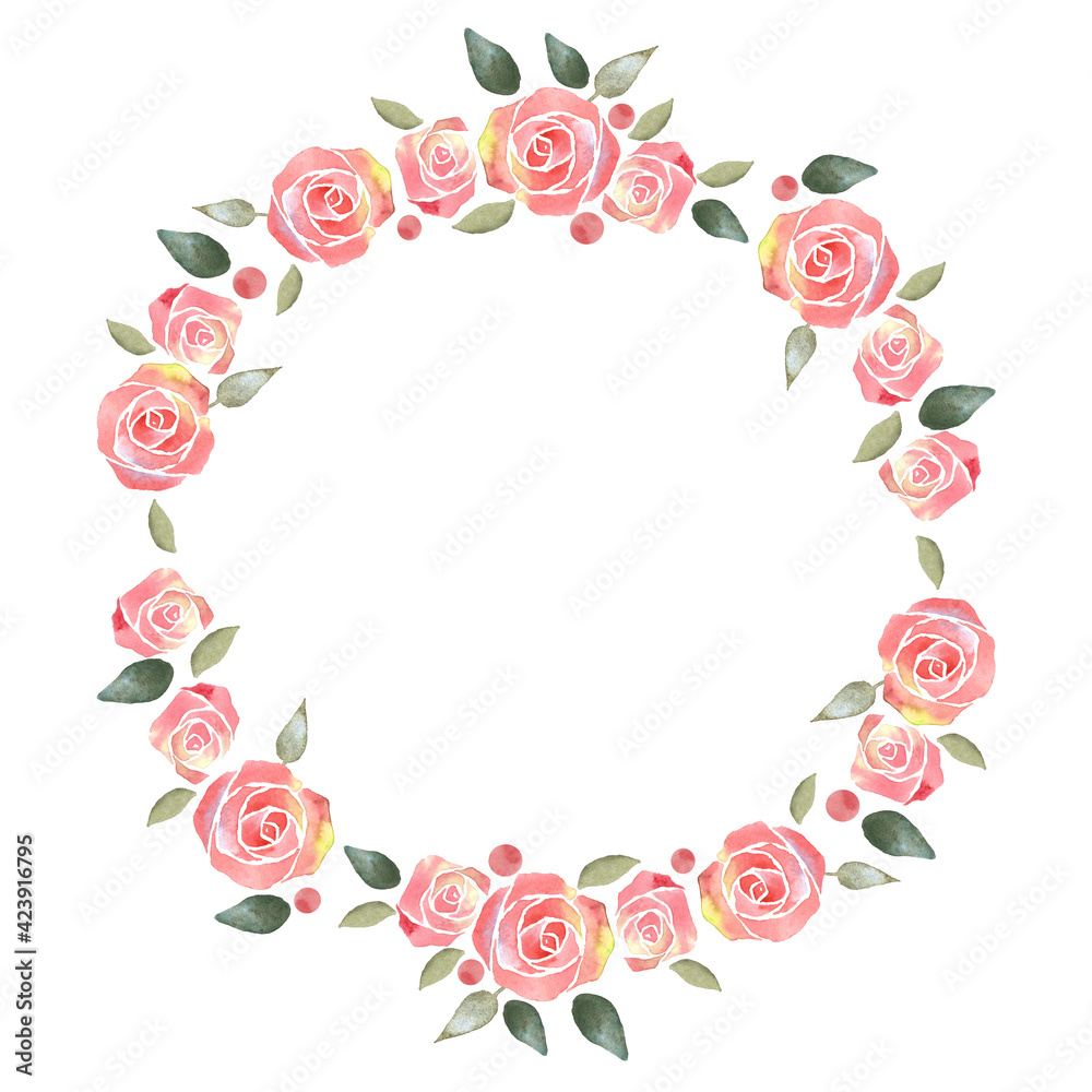 Watercolor floral wreath and bouquet frame illustration with pink rose flowers.