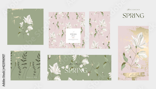 Floral collection of spring banners, cards, templates, patterns and backgrounds with hand drawn textures magnolia flower blossom and leaves. Chic gold foil touch on dusty blush pink, green colors
