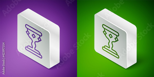Isometric line Medieval goblet icon isolated on purple and green background. Silver square button. Vector