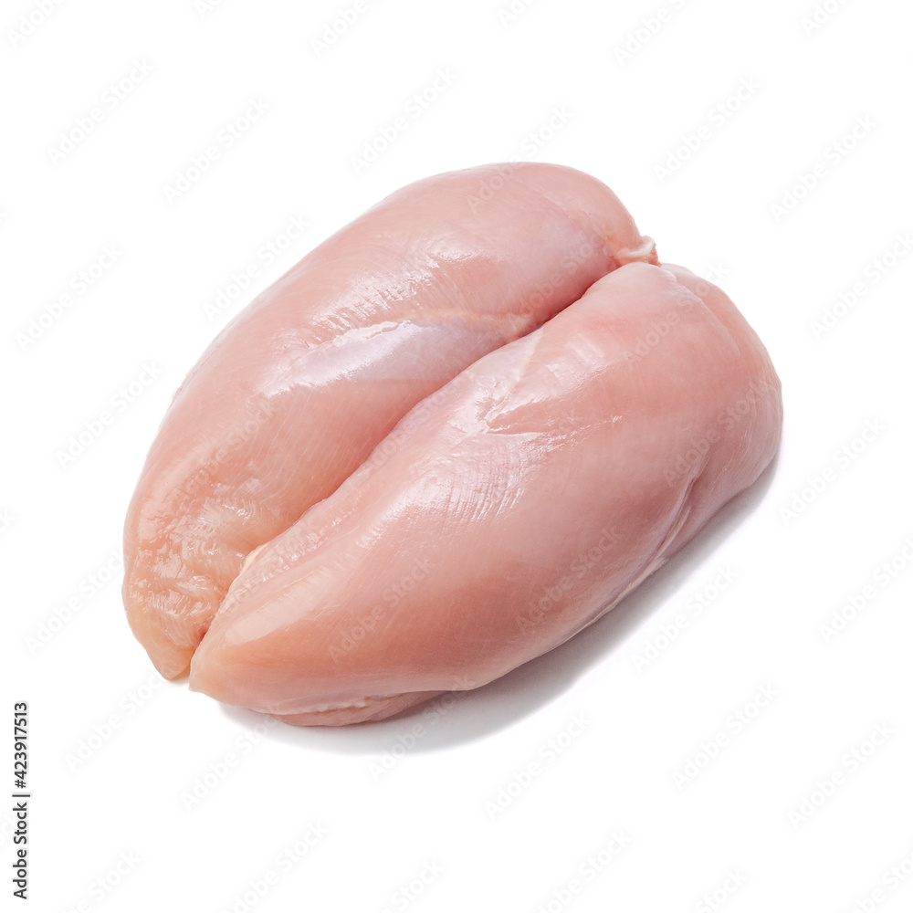 Fresh turkey fillet. White background. Isolated. Close-up. View from above. Fresh turkey fillet. White background. Isolated. Close-up. View from above.