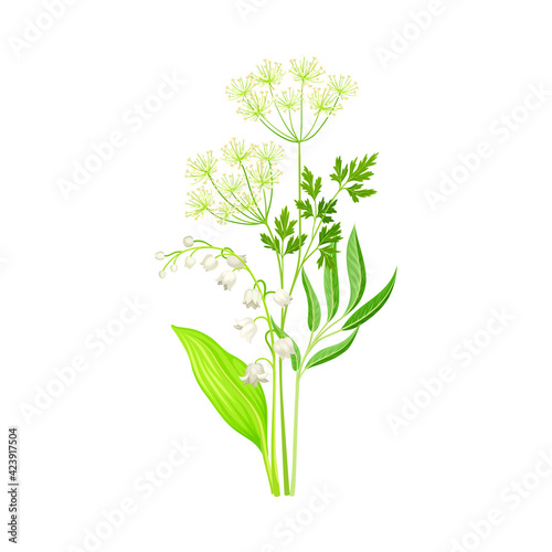 Floral Composition with Wildflowers and Meadow Plants Vector Illustration