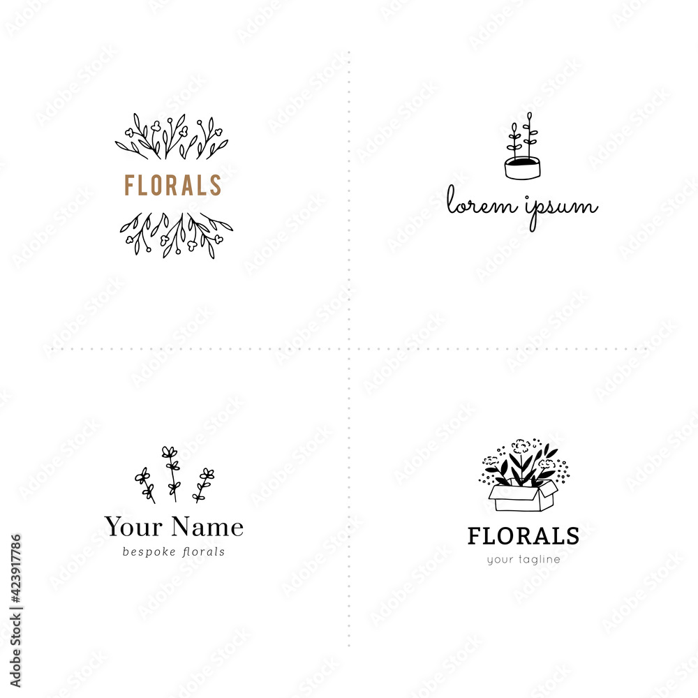 Flowers and leaves in minimalist style, vector illustrations. Set of floral hand drawn logo templates.