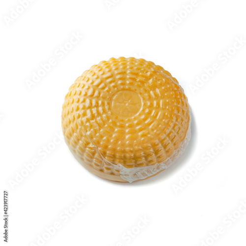 Suluguni smoked cheese. Vacuum packed. View from above. White background. Isolated.