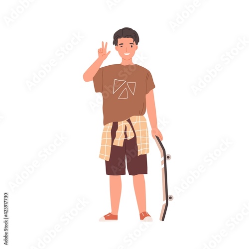 Portrait of happy teenager standing with skateboard, winking and showing V sign. Young skater in street-style clothes. Colored flat vector illustration of cool boy isolated on white background