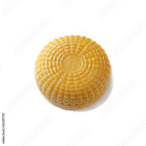 Suluguni smoked cheese. No packaging. View from above. White background. Isolated.