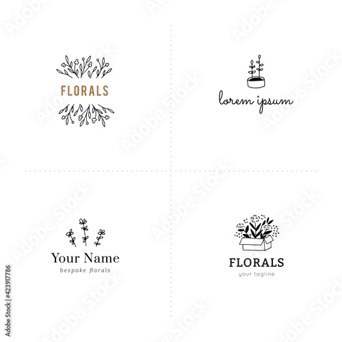 Flowers and leaves in minimalist style  vector illustrations. Set of floral hand drawn logo templates.