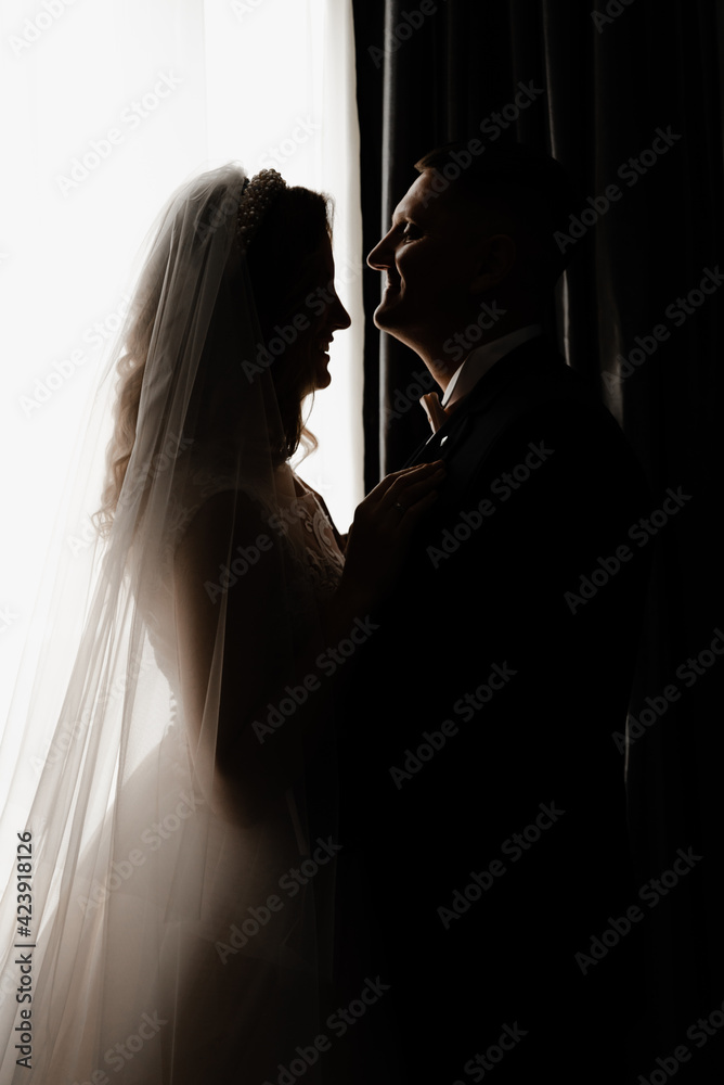 cute groom with a beautiful bride stand in a dark room near a light window. portrait of a wedding couple. wedding couple on the wedding day. gathering of newlyweds cute groom with a beautiful bride stand in a dark room near a light window. portrait of a wedding couple. wedding couple on the wedding day. gathering of newlyweds