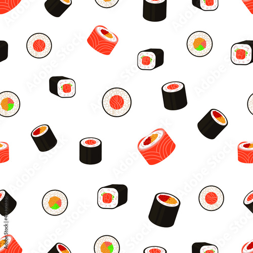Vector seamless pattern, rolls, japanese cuisine - sushi set background, different rolls on white background, colorful illustration.
