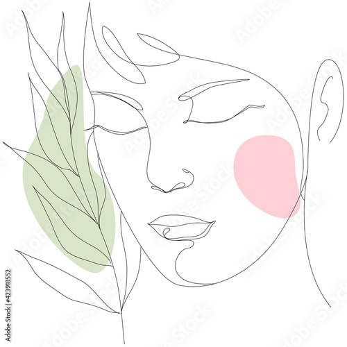 Modern linear woman face with flower, continuous female illustration. Elegant vector concept for beauty, tattoo, sublimation, print.  (ID: 423918552)