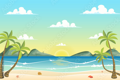 Sunrise at seashore landscape background in flat cartoon style. Sea beach with palm trees, mountains on horizon. Paradise island vacation at ocean. Nature scenery. Vector illustration of web banner