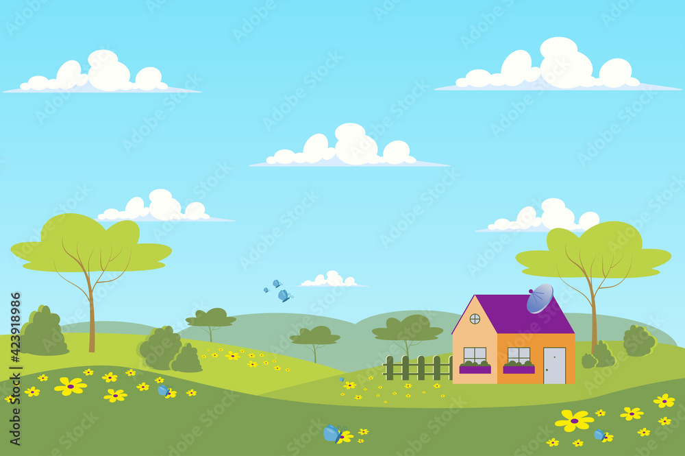 Spring village with green meadow landscape background in flat cartoon style. House is in valley, garden trees, butterflies fly over wildflowers. Nature scenery. Vector illustration of web banner