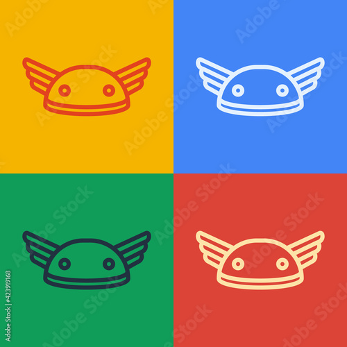 Pop art line Helmet with wings icon isolated on color background. Greek god Hermes. Vector