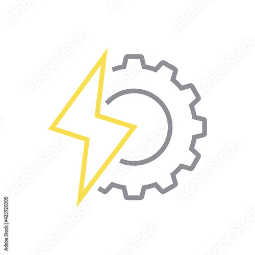 Energía electrica. Engranaje con rayo con lineas en color gris y amarillo