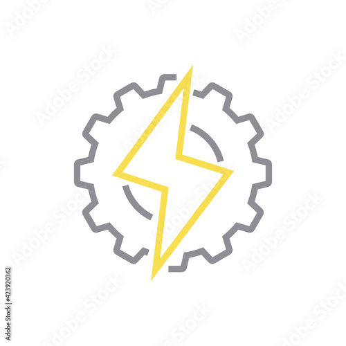 Energía electrica. Engranaje con rayo con lineas en color gris y amarillo