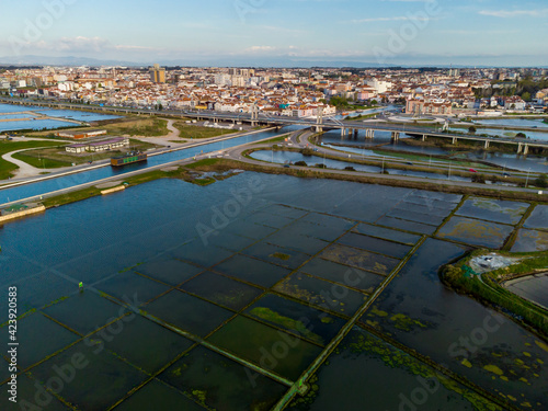 Aerial view from salt pans and city of Aveiro in the background