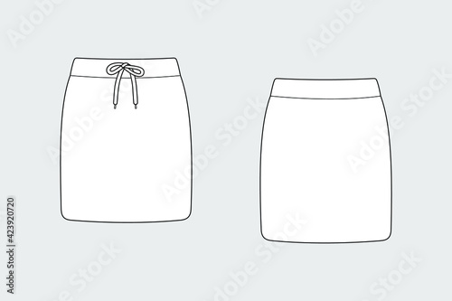 Female sport skirt vector template isolated on a grey background. Front and back view. Outline fashion technical sketch of clothes model.