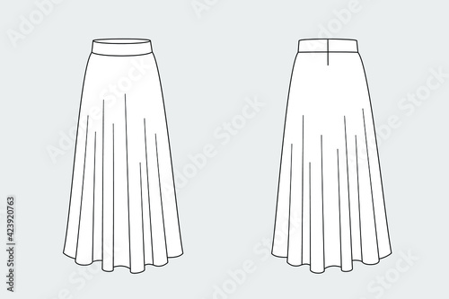 Female long pleated skirt vector template isolated on a grey background. Front and back view. Outline fashion technical sketch of clothes model.