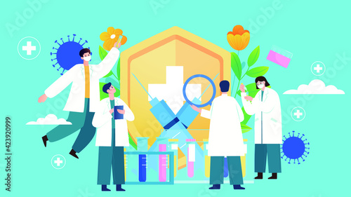 Vector illustration of multiple doctors studying vaccine reagent health