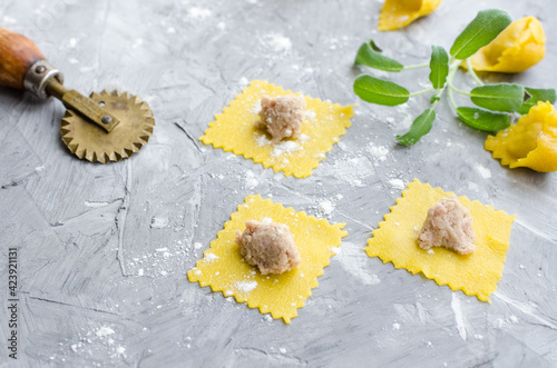 Proccess of making traditional Italian tortellini