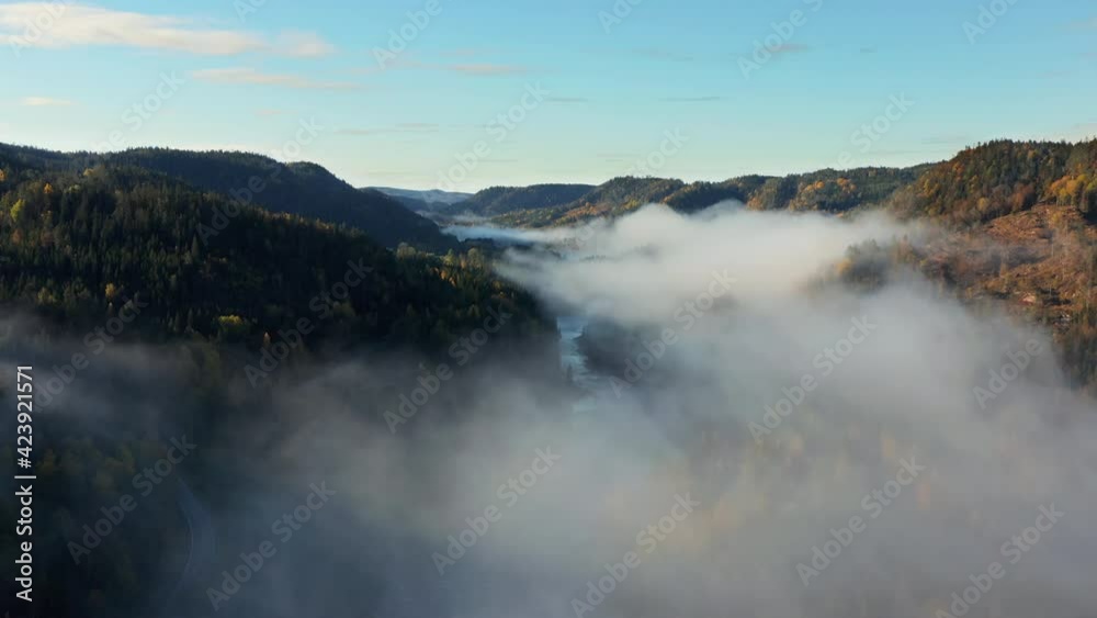 Aerial drone view over fog clouds and foliage forest, sunny, autumn day, in Norway Aerial drone view over fog clouds and foliage forest, sunny, autumn day, in Norway