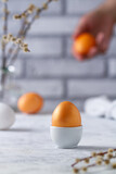 A brown egg in a white stand on the table, behind a gray brick wall, willow branches. In the background, a hand lays an egg.