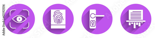 Set Eye scan, Fingerprint, Door handle and Paper shredder icon with long shadow. Vector