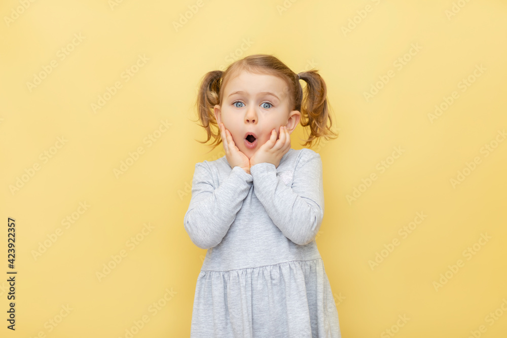 Wow. Closeup portrait of excited child touching her cheeks, over pastel yellow isolated background.The concept of advertising goods, seasonal sale, discount. Shopping and retail. Promoting goods Wow. Closeup portrait of excited child touching her cheeks, over pastel yellow isolated background.The concept of advertising goods, seasonal sale, discount. Shopping and retail. Promoting goods