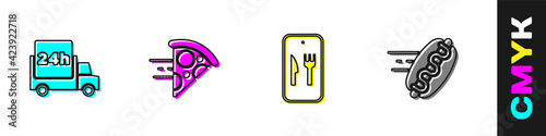 Set Fast delivery by car, Online ordering pizza, and and hotdog icon. Vector