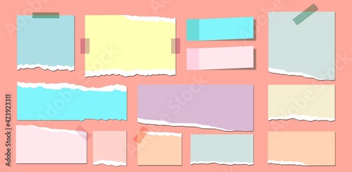 Collection of colored strips of torn paper. Isolated realistic paper scraps with torn edges. Sticky notes, scraps of notebooks. Vector illustration.