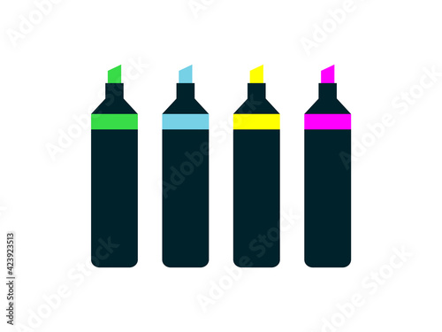 Highlighter pen marker set. Learning school tools. Colorful Office supplies. Fluorescent green, blue, yellow, pink. Broad tip.Transparent liquid sharpie markers. Vector illustration, flat, clip art. 