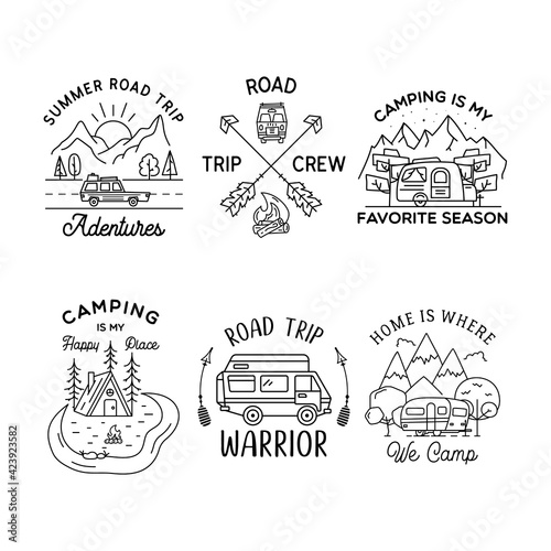 Camping line art logo designs set. Vintage adventure linear badges. Outdoor crest labels with mountains. Travel silhouette emblems isolated. Stock vector isolated