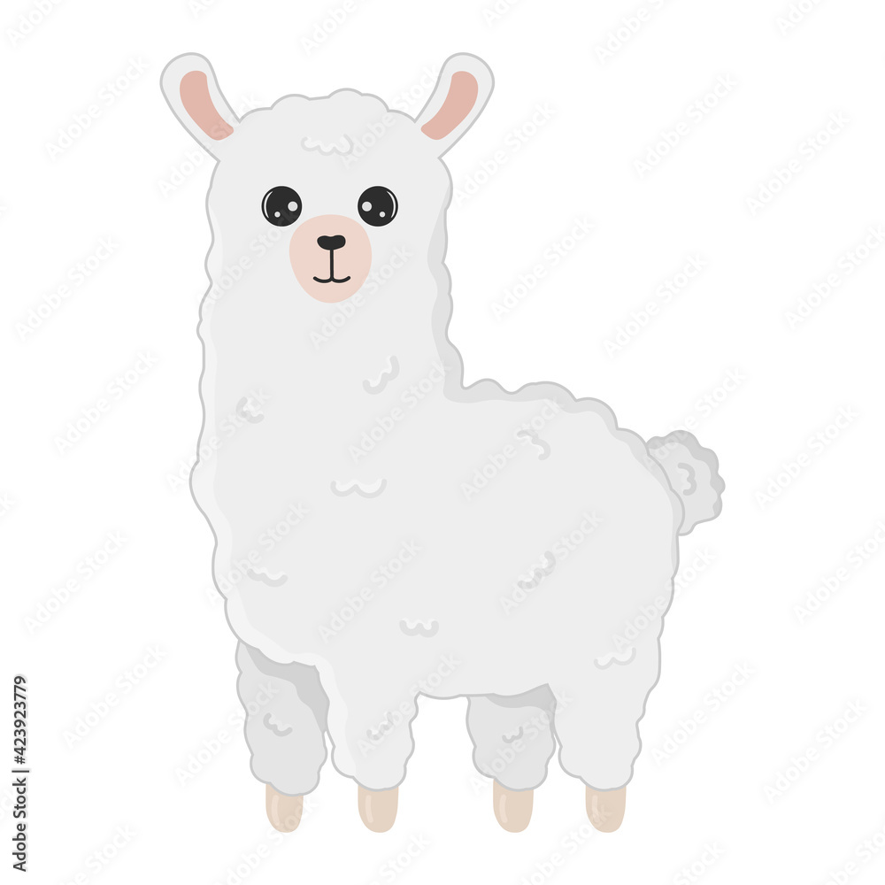 Fototapeta premium Illustration of cute cartoon alpaca isolated on white background. Print for t-shirts, posters, greeting cards, stickers, design and more. Cartoon llama