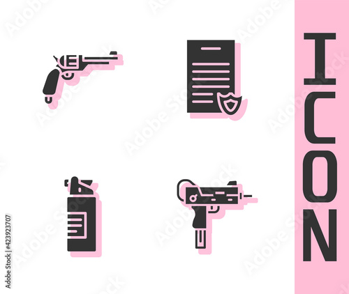 Set UZI submachine gun, Revolver, Weapons oil bottle and Firearms license certificate icon. Vector