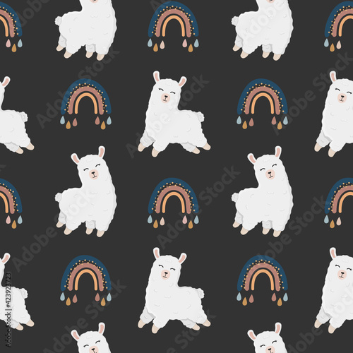 Seamless vector pattern with llama (alpaca) and rainbow. Trendy baby texture for fabric, wallpaper, apparel, wrapping